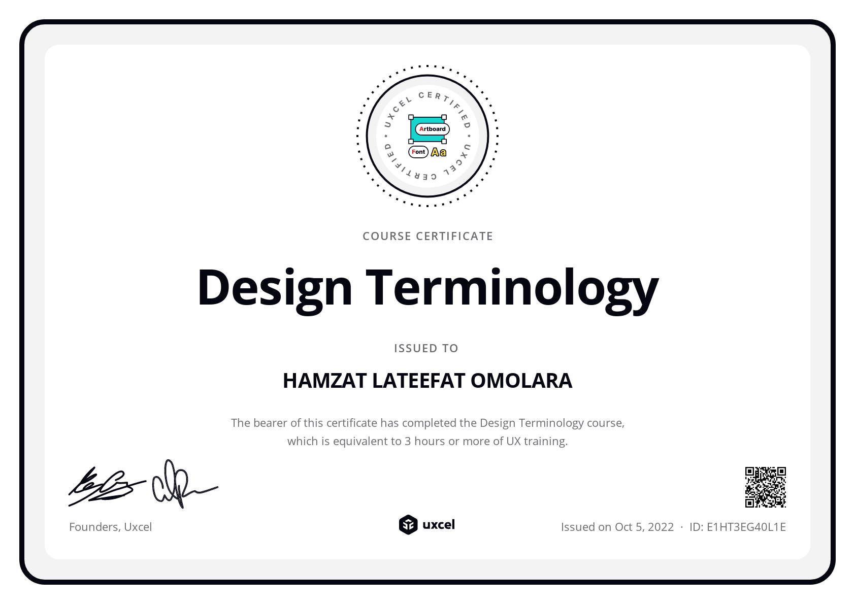HAMZAT LATEEFAT OMOLARA's certificate